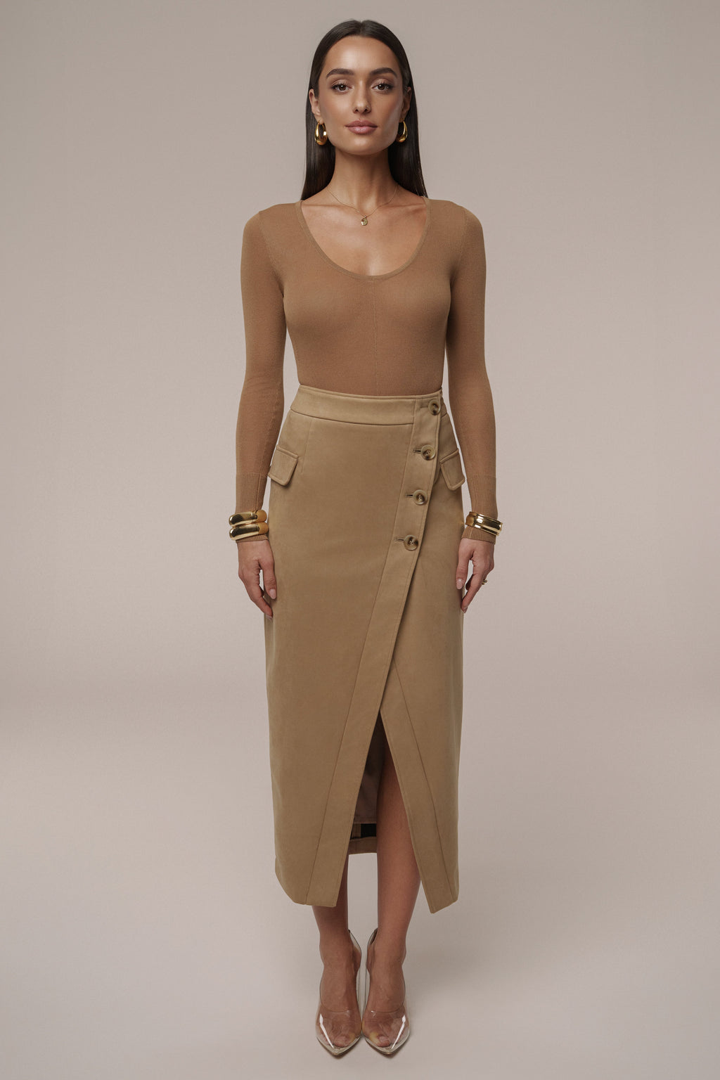 Beige Audrey Suede Midi Skirt