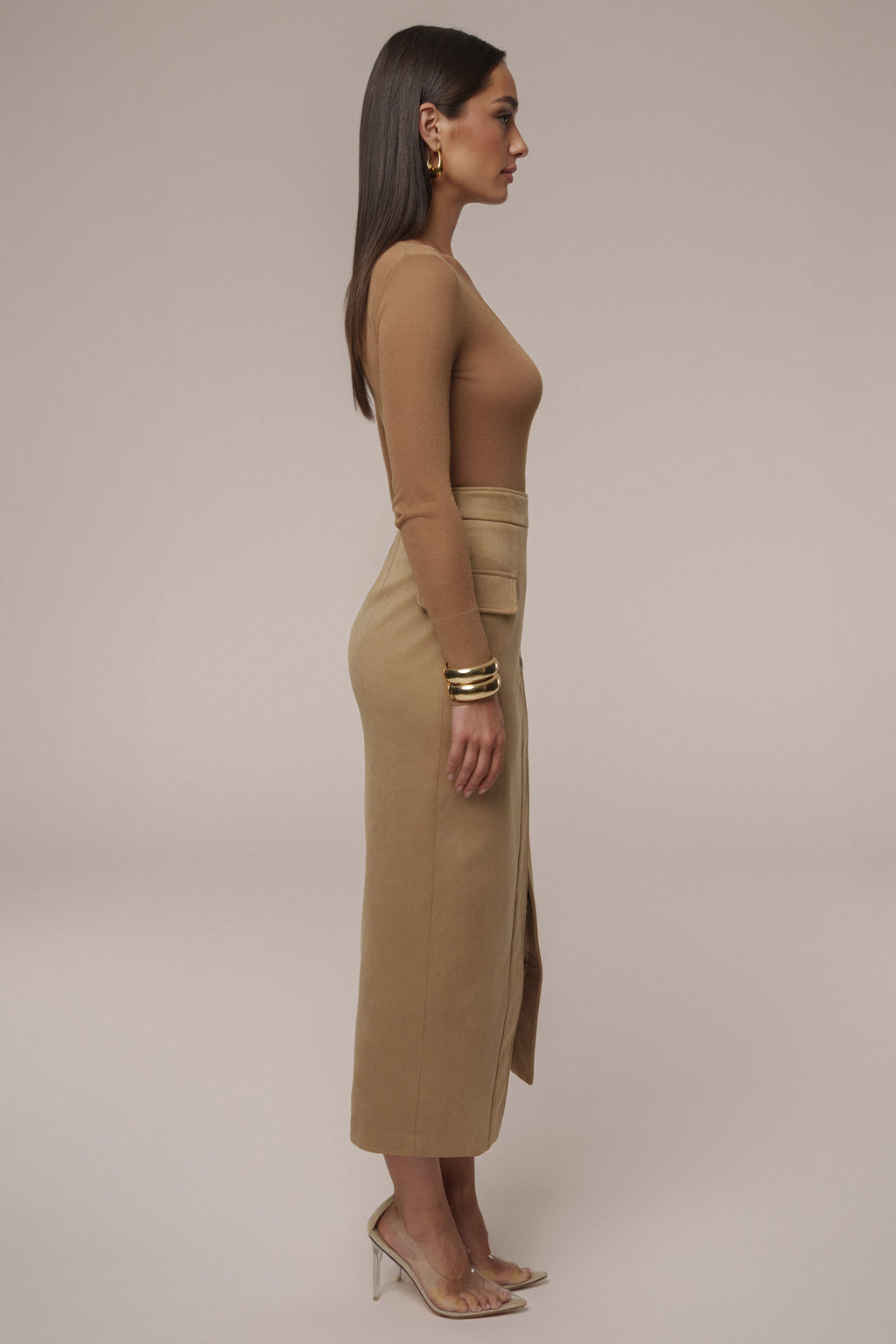 Beige Audrey Suede Midi Skirt