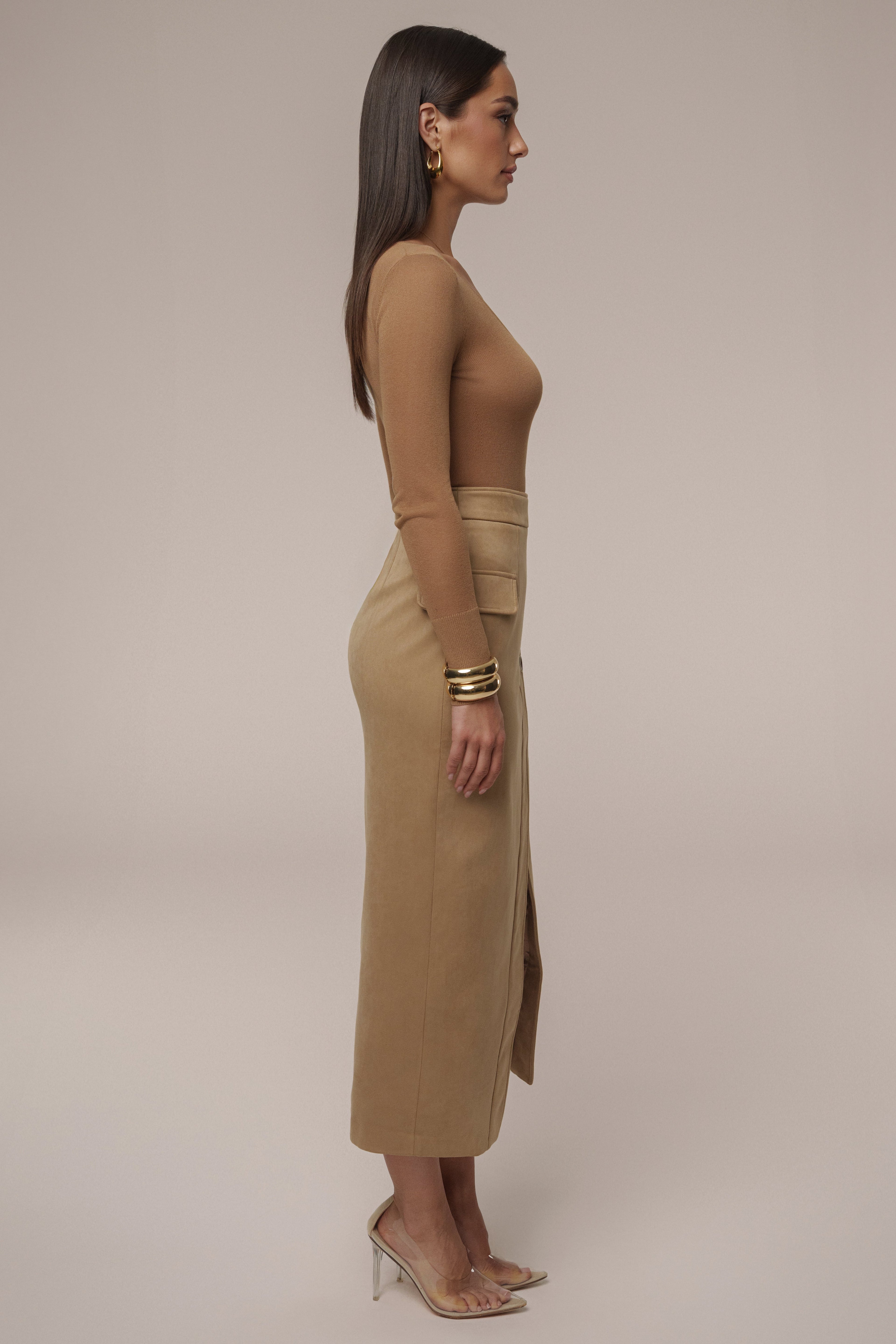 Beige Audrey Suede Midi Skirt
