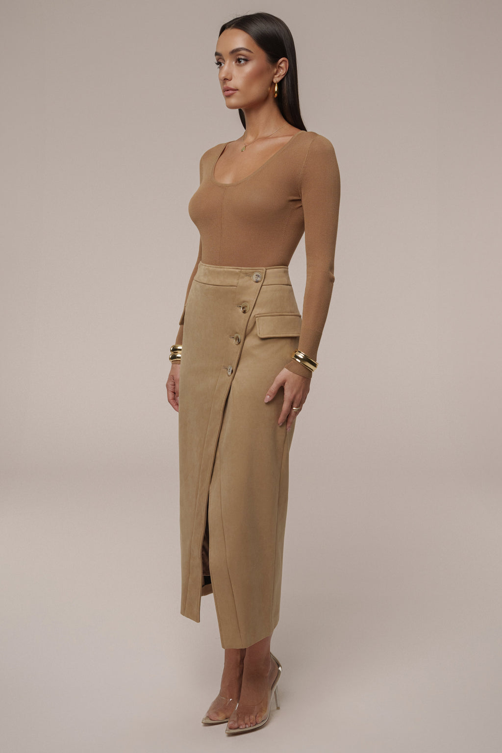 Beige Audrey Suede Midi Skirt