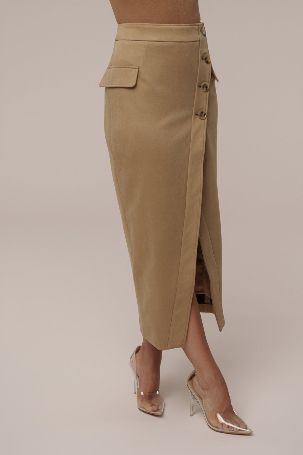 Beige Audrey Suede Midi Skirt