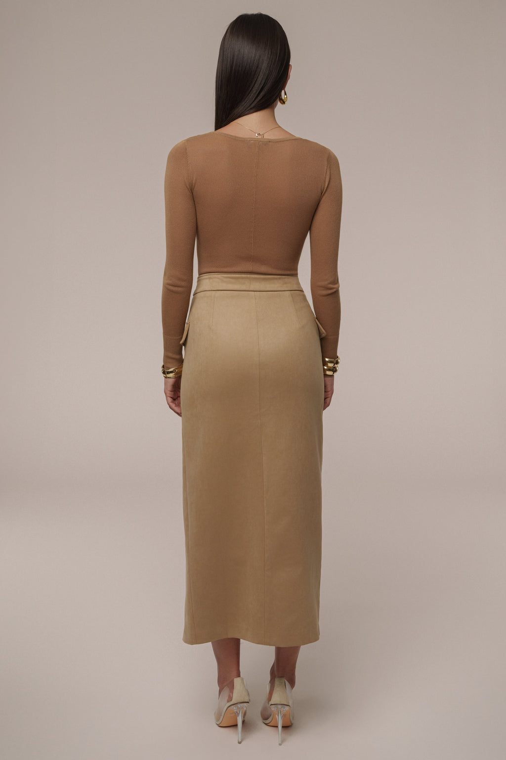Beige Audrey Suede Midi Skirt