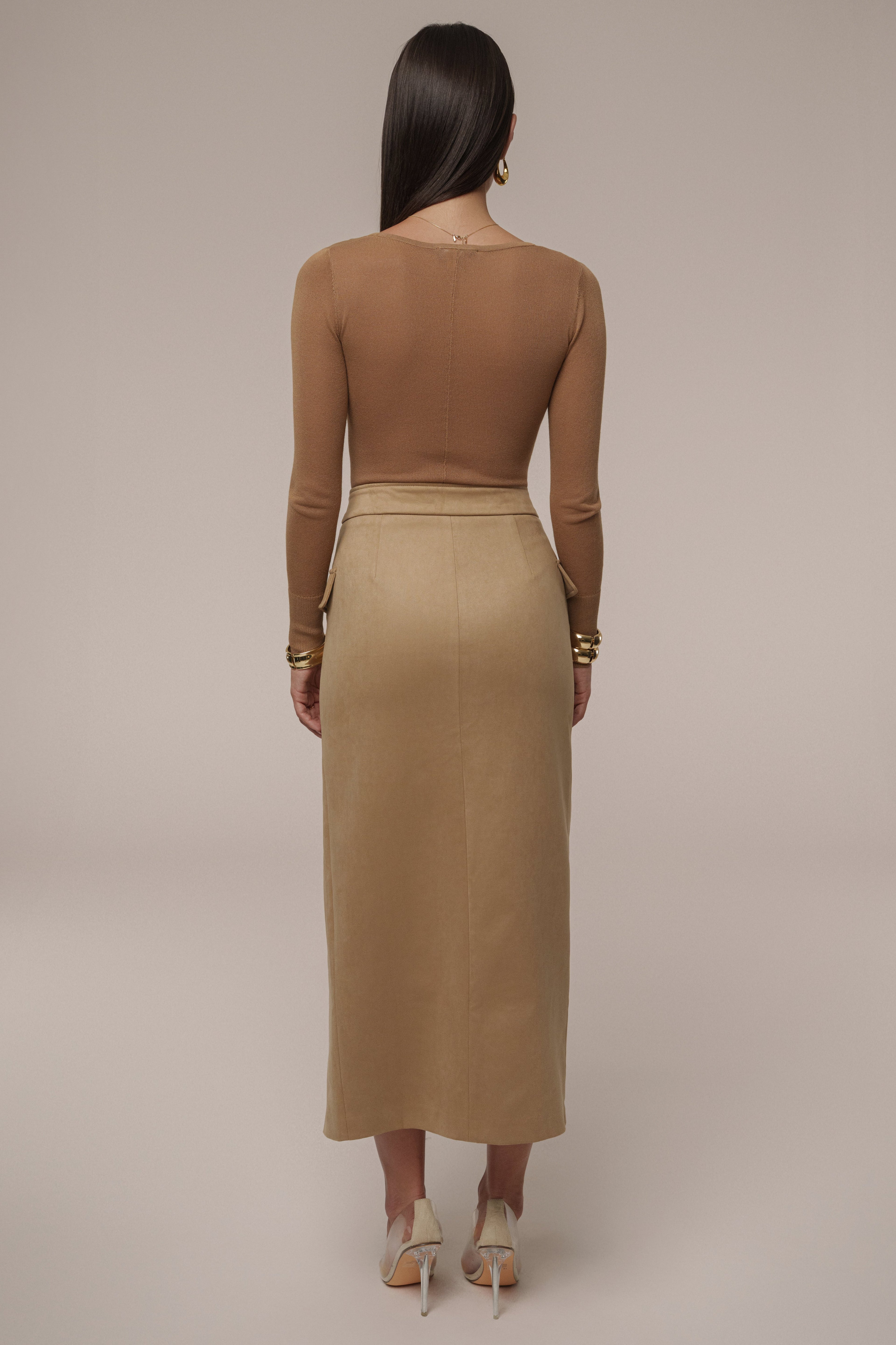 Beige Audrey Suede Midi Skirt