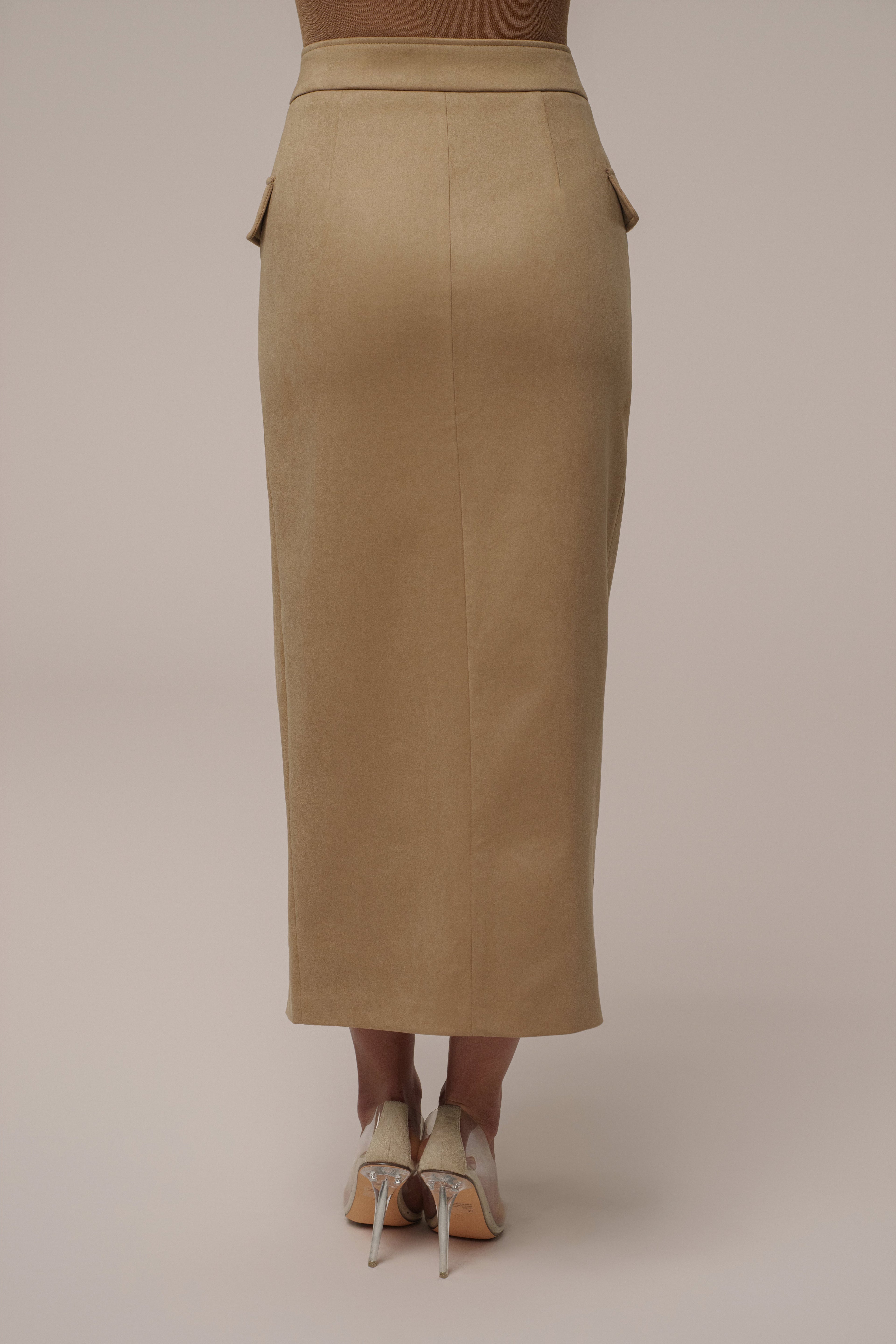 Beige Audrey Suede Midi Skirt
