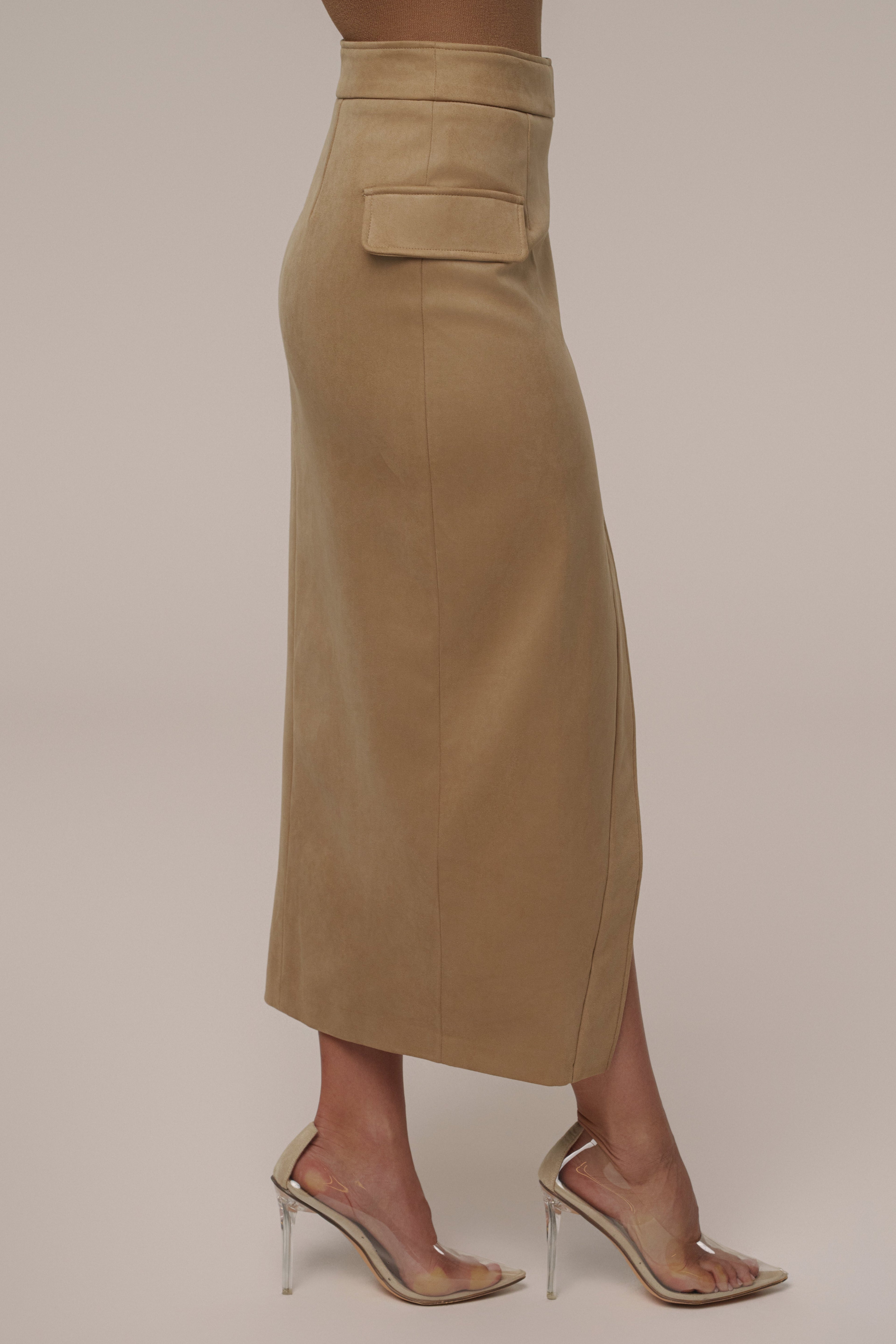 Beige Audrey Suede Midi Skirt