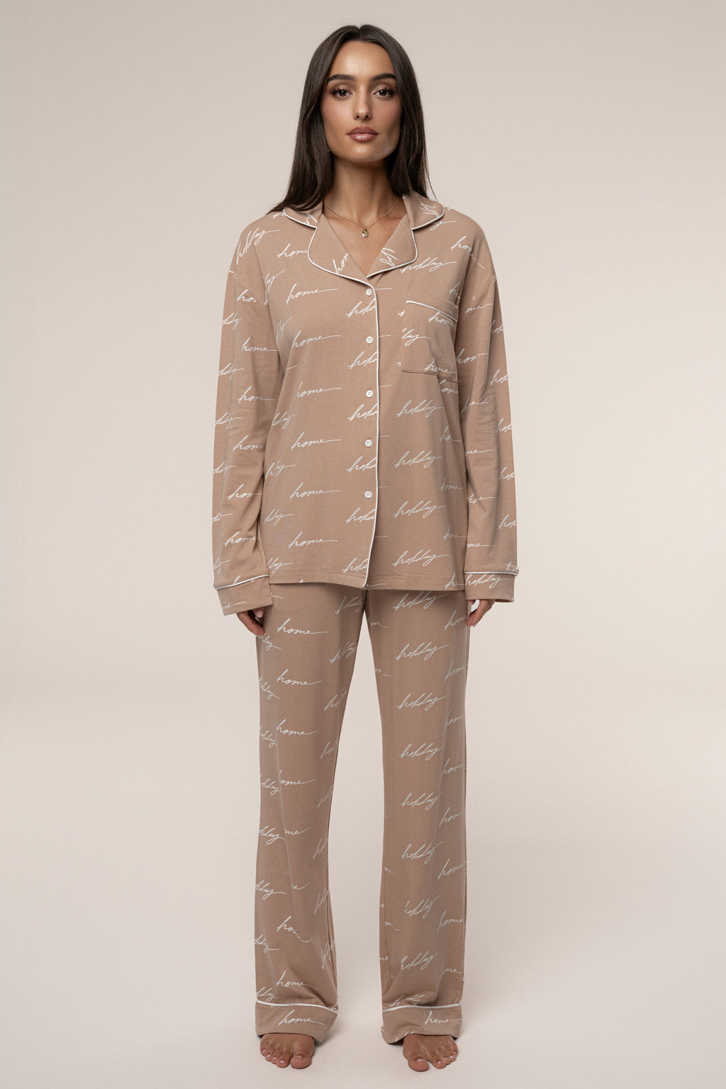 Beige Home For The Holidays Adult Pajama Set