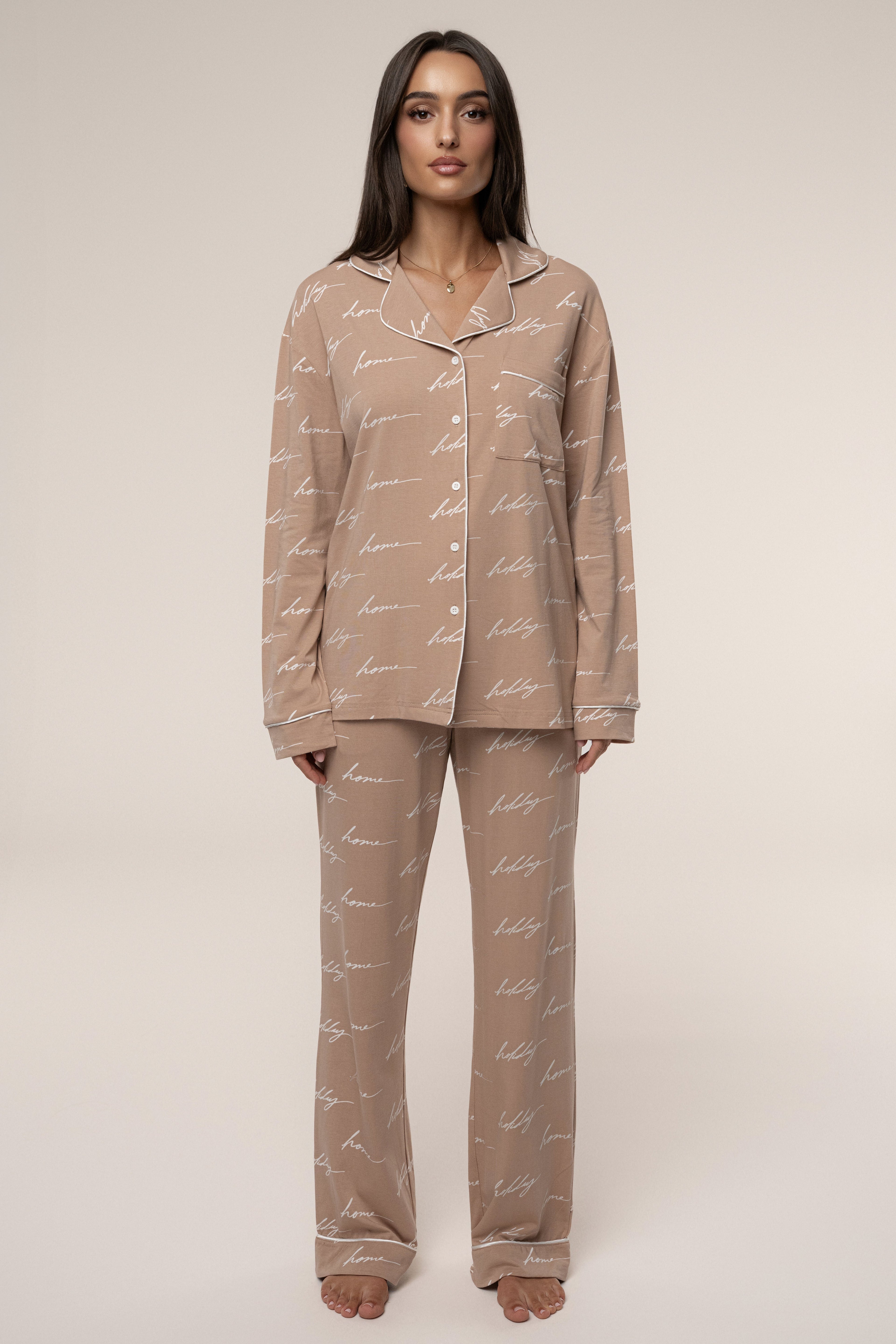 Beige Home For The Holidays Adult Pajama Set