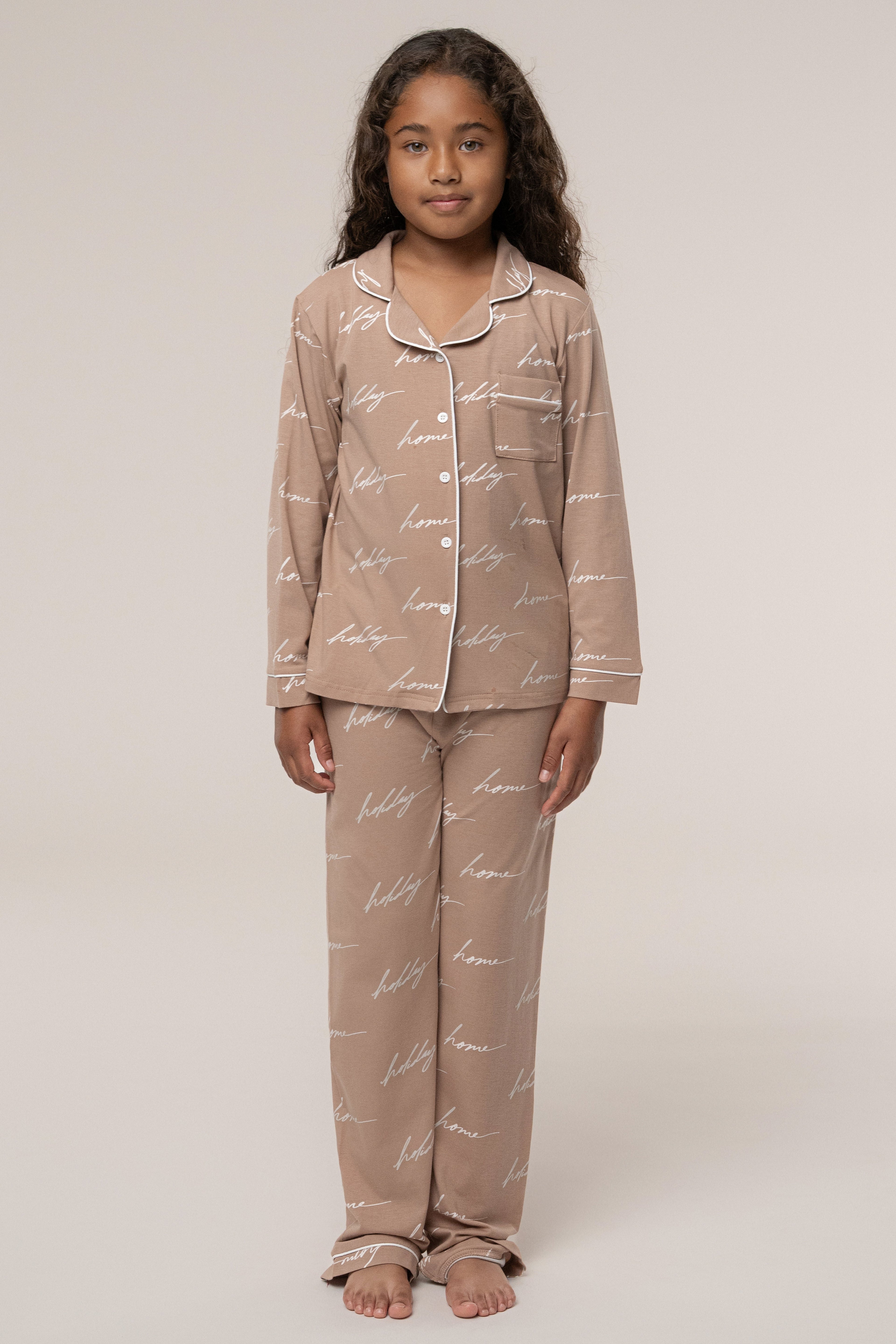 Beige Home For The Holidays Kids Pajama Set