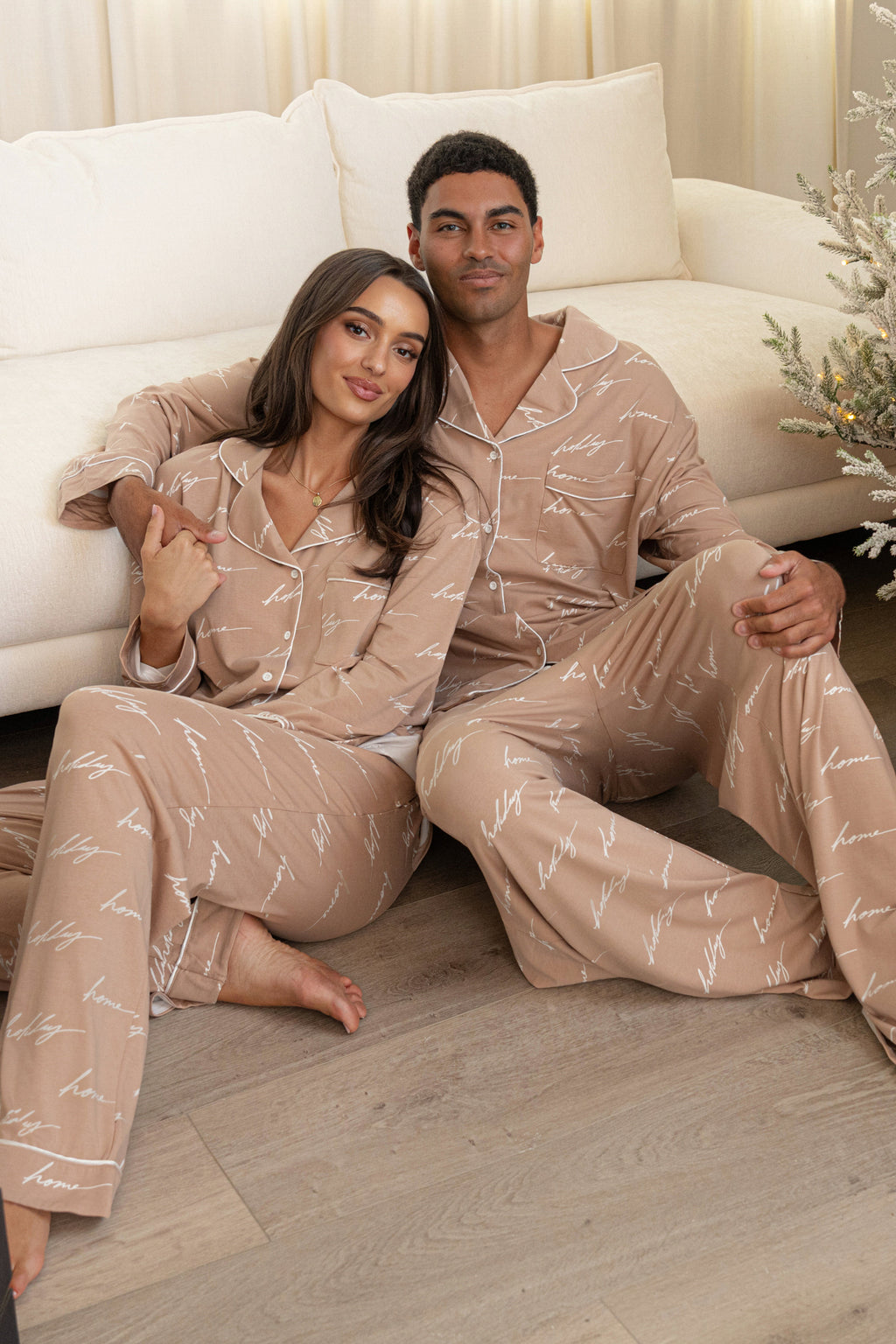 Beige Home For The Holidays Adult Pajama Set