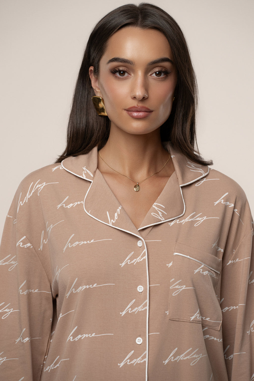 Beige Home For The Holidays Adult Pajama Set