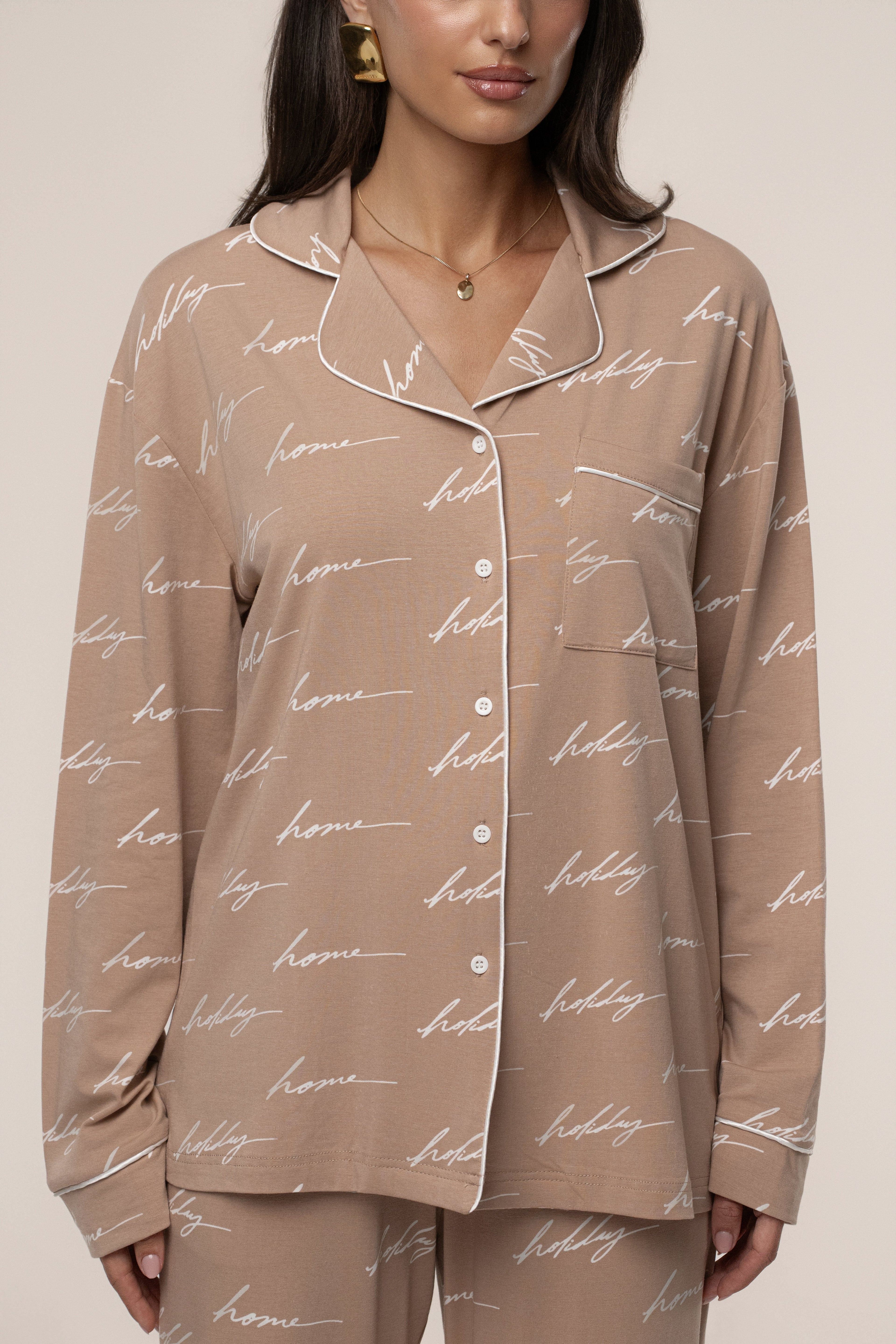 Beige Home For The Holidays Adult Pajama Set