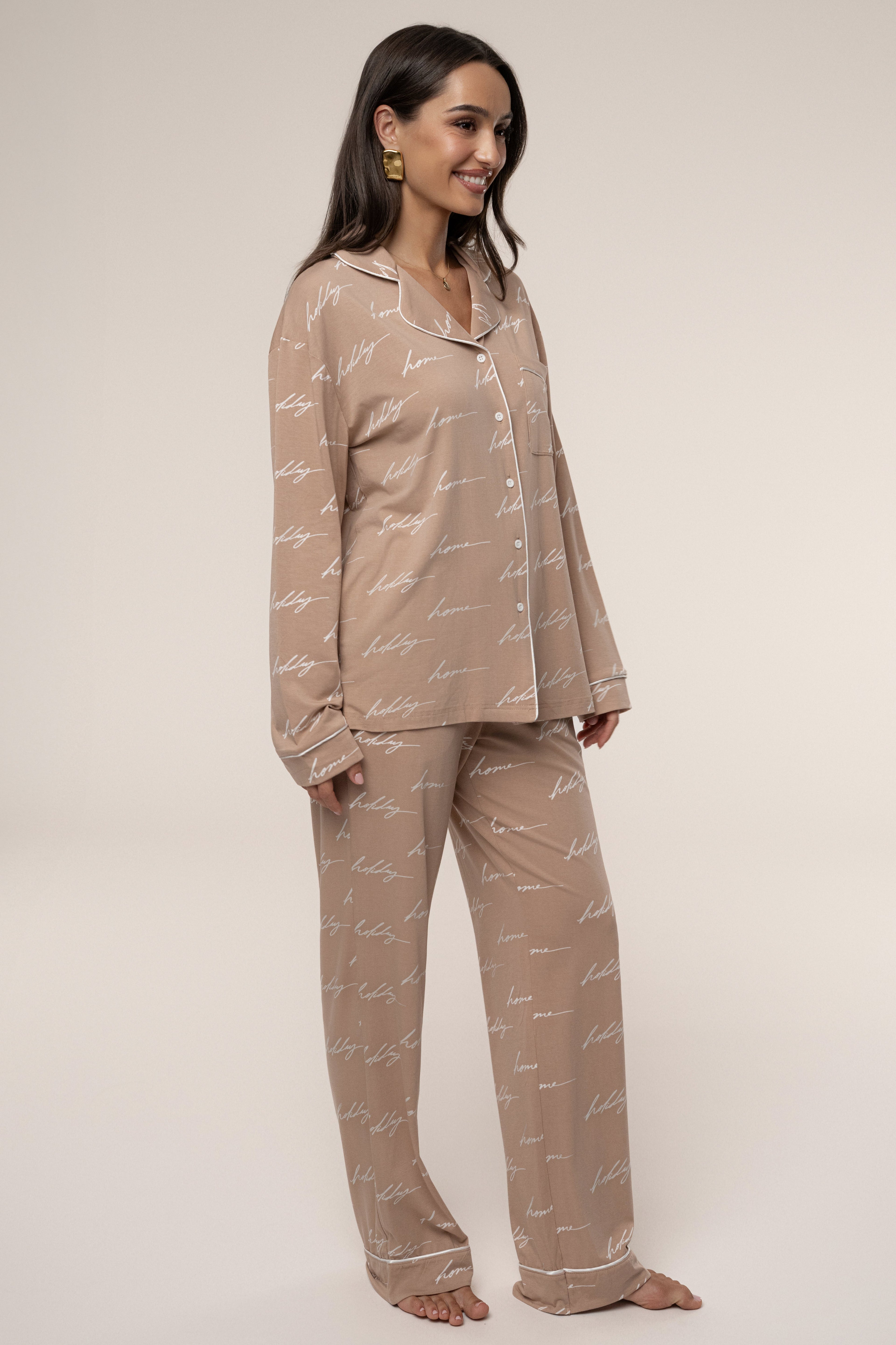Beige Home For The Holidays Adult Pajama Set