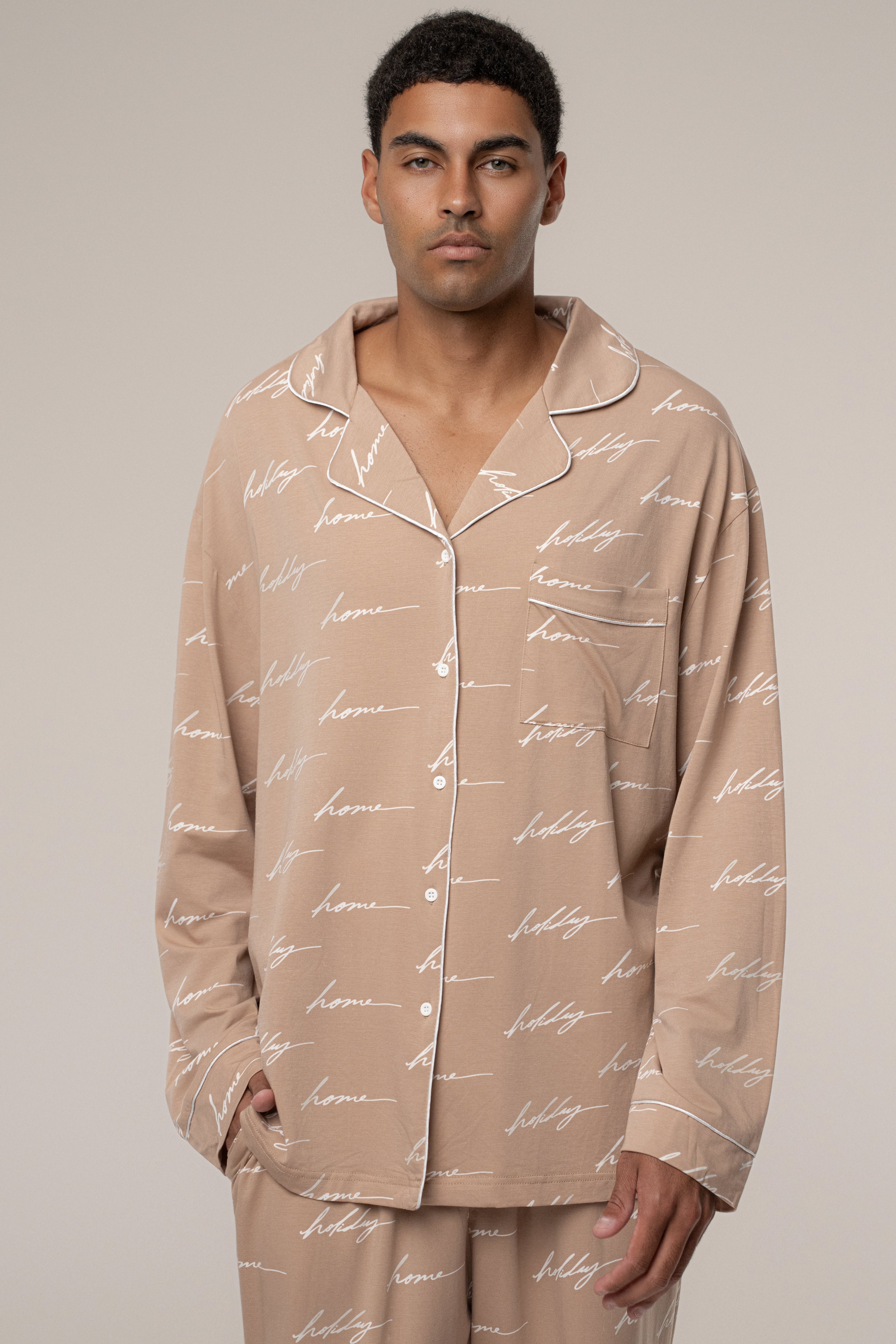 Beige Home For The Holidays Adult Pajama Set
