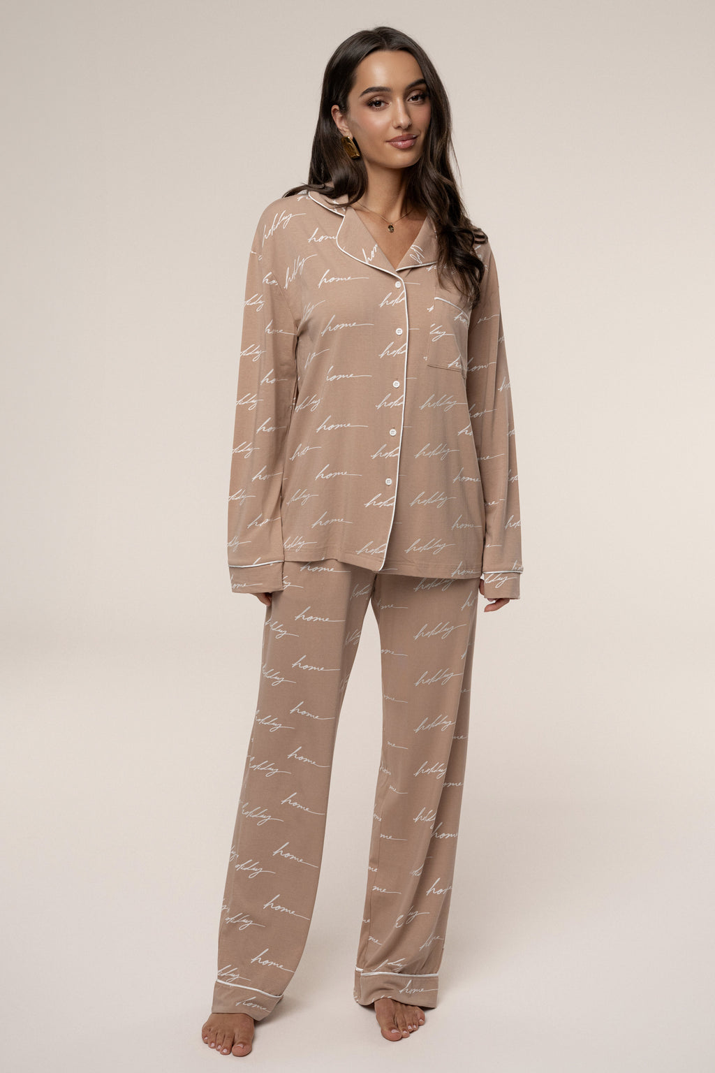 Beige Home For The Holidays Adult Pajama Set