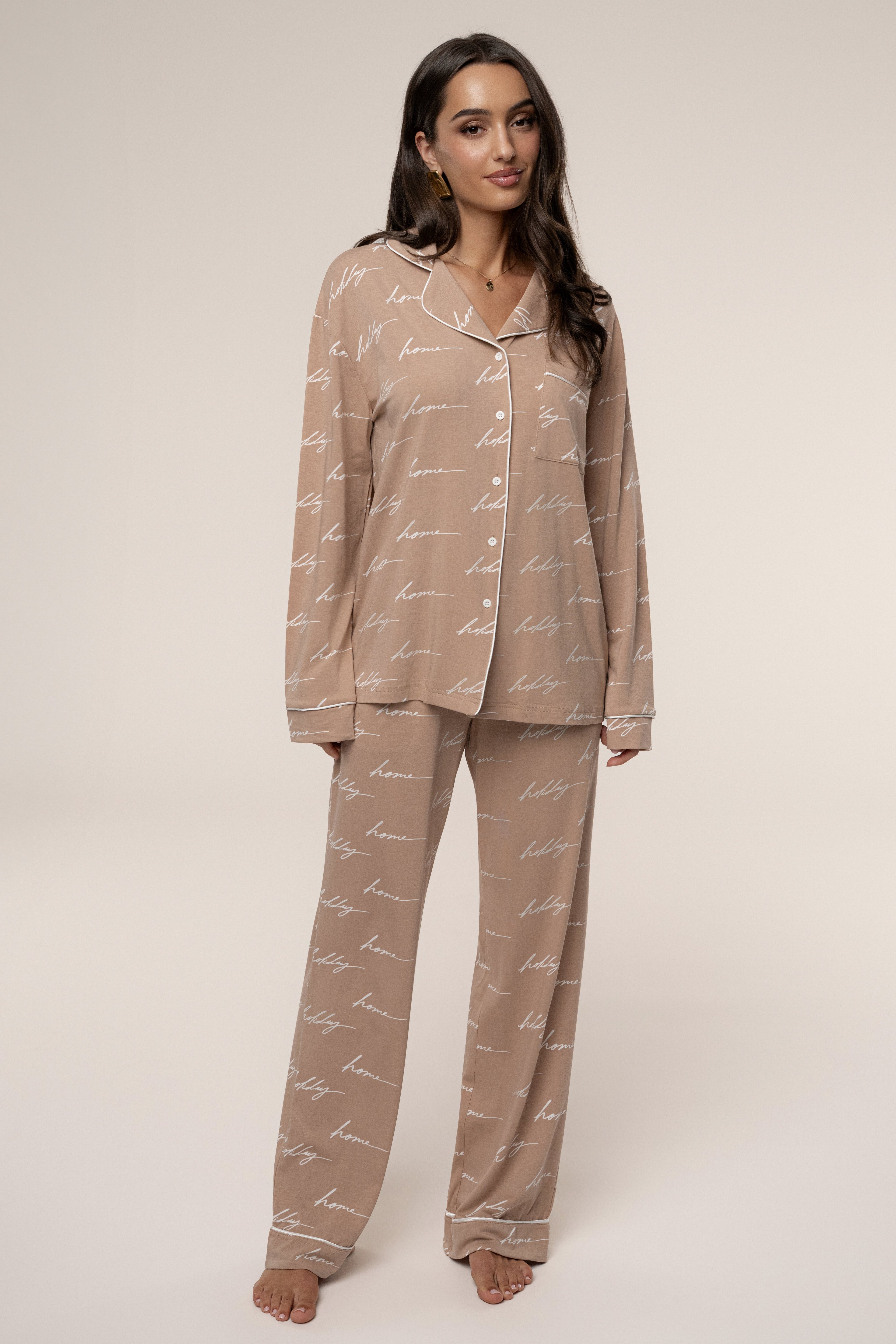 Beige Home For The Holidays Adult Pajama Set